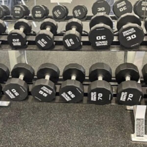 Hammer Strength 12-Sided Urethane Dumbbells With 3 Hammer Racks